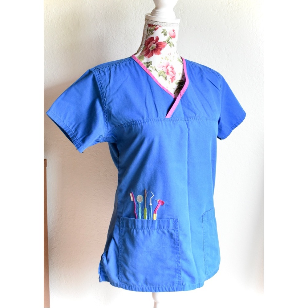 Mad About Mouths Dental Tools Embroidered Scrub Smock Cross Over Top